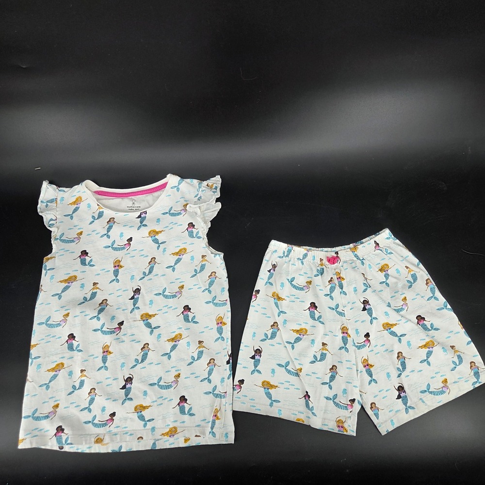 Mothercare Girls Mermaid Pajama Set White Flutter Sleeve Top Shorts Size 9-10Y